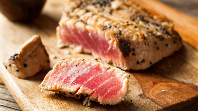 Seasoned tuna steak cooked rare