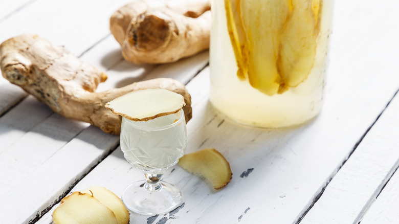 cordial glass with sliced ginger on top