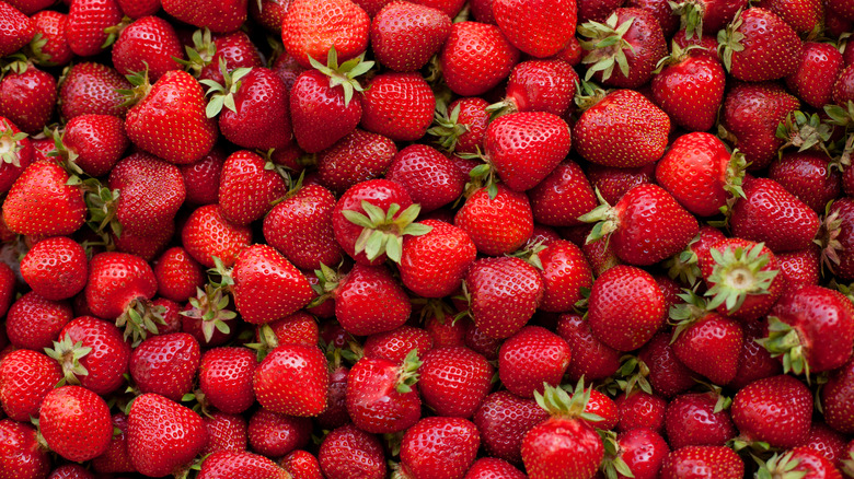 bright red strawberries in a pile