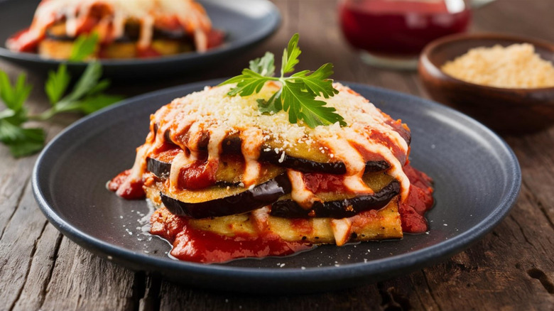 Eggplant parmesan served on plate with melted cheese and garnish