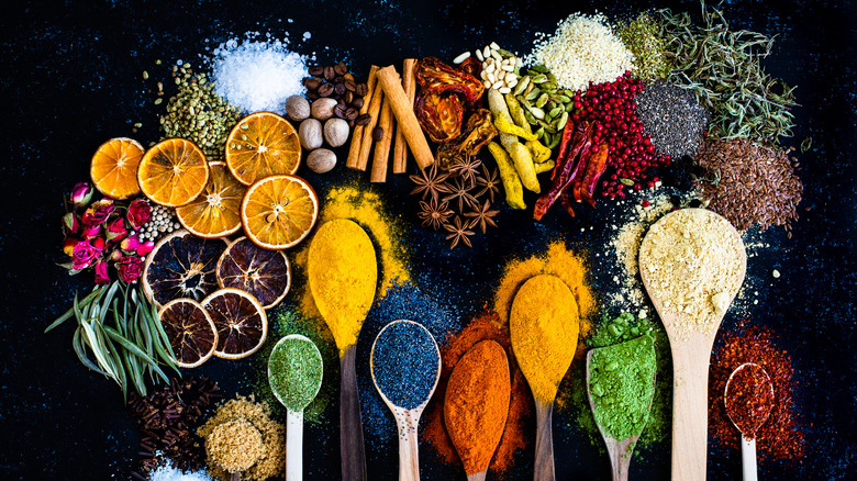 Various spices, herbs, and dried fruit