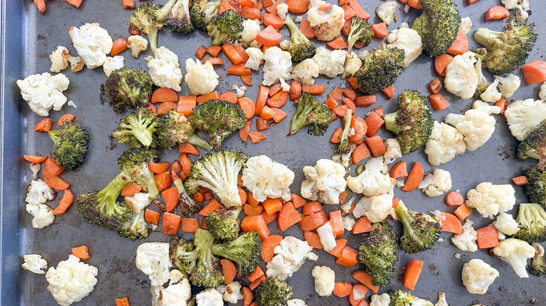 roasted vegetables on a sheet tray