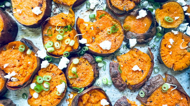 smashed sweet potatoes with garnishes