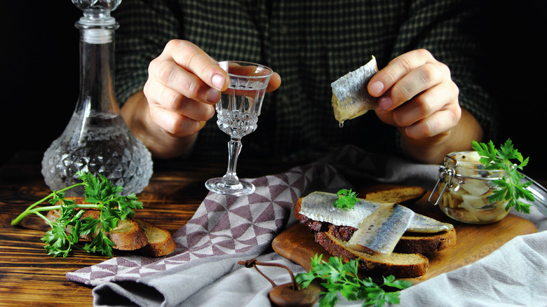 Man eating herring and drinking vodka