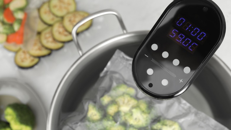 Sous vide machine with vegetables in pot