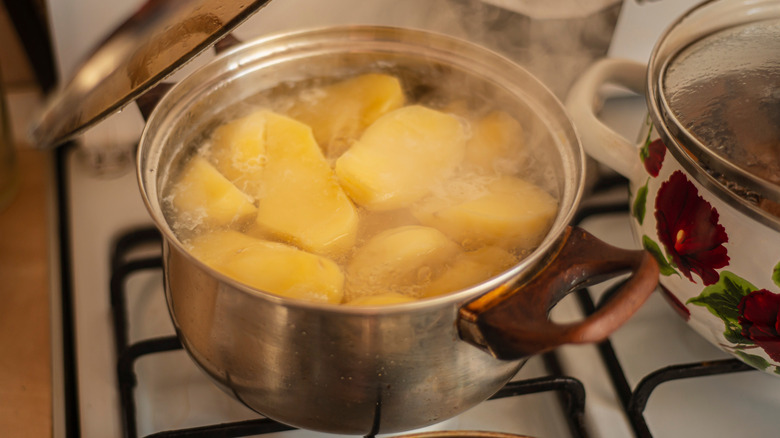 Potatoes boiling in pot on stove