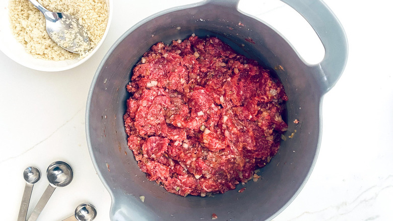 raw beef mixture in pot