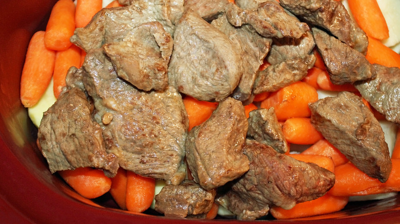 meat and vegetables in slow cooker