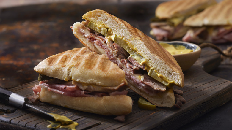 cuban sandwich, halved