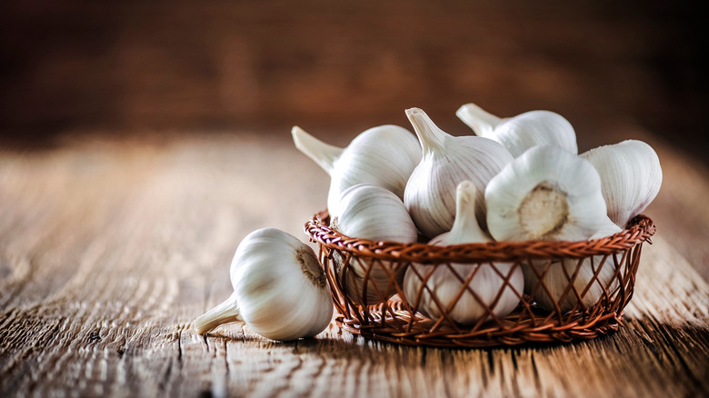 Bulbs of garlic in basket