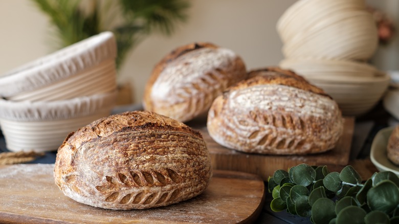 Loaves of sourdough bread on chopping boards