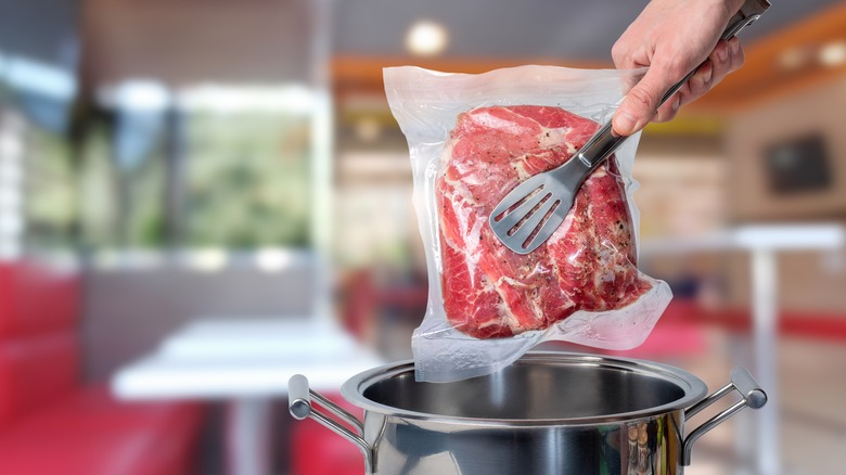 sealed beef bag pulled from pot