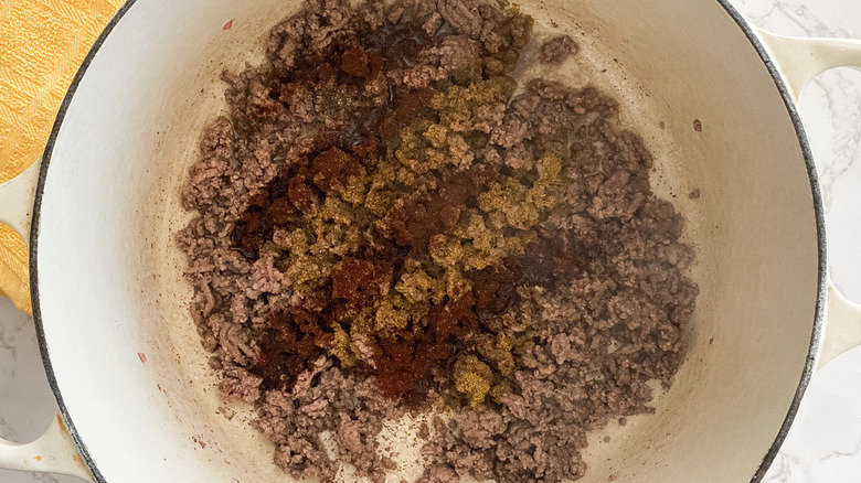 ground beef browned in pan with spices