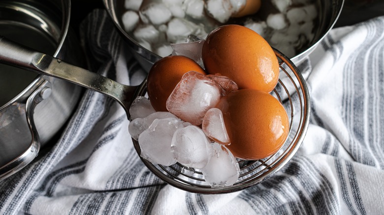 Removing boiled eggs from an ice bath