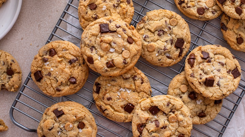 chocolate chip and butterscotch cookies on a cooling rack