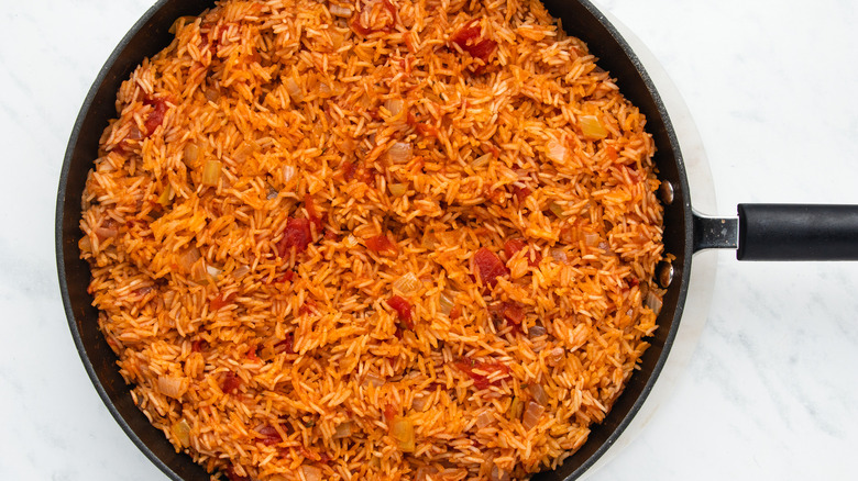 spanish rice in frying pan