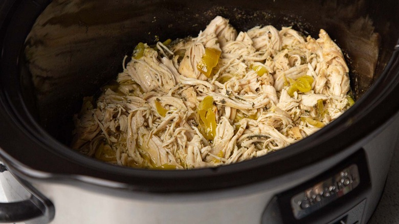 Shredded chicken with pepperoncini in slow cooker