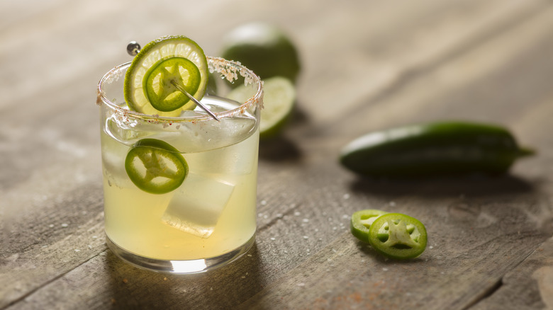 spicy margarita cocktail with jalapeno peppers