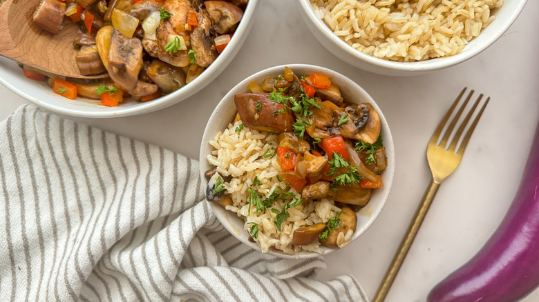 bowl of stir-fry and rice