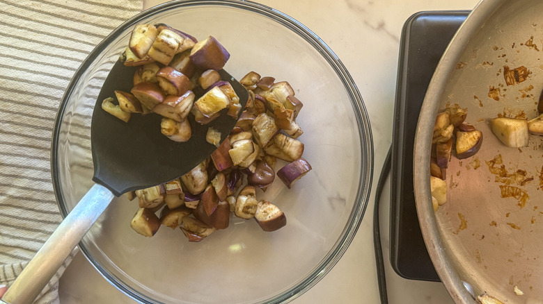 cooked eggplant in bowl