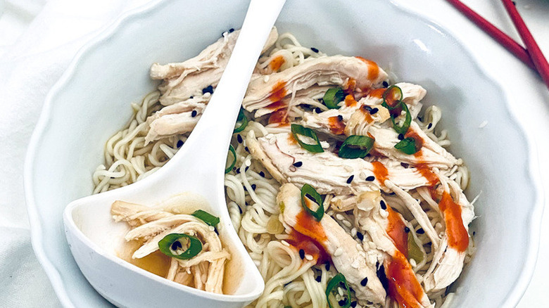 chicken noodle soup with ladle spoon