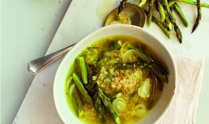 Spring Onion and Quinoa Soup with Roasted Asparagus