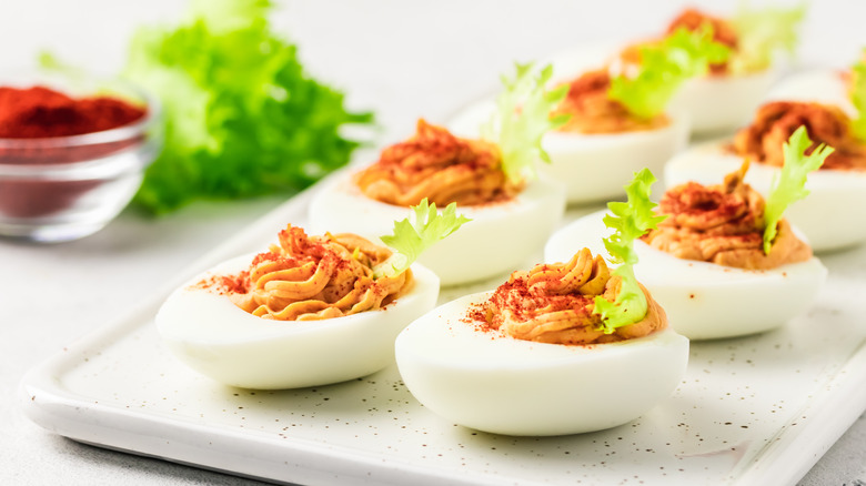 Deviled eggs with spice on top