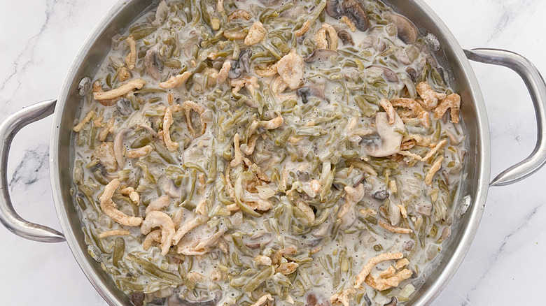 green bean casserole in skillet