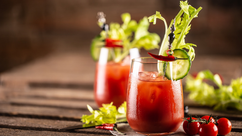 Bloody Mary cocktails with garnishes