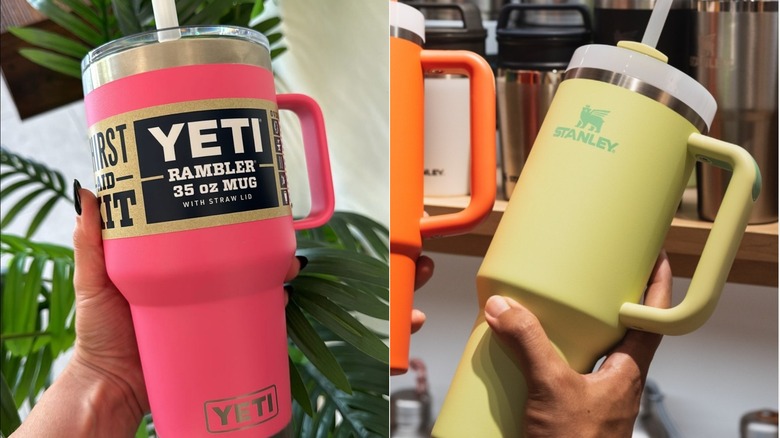 Pink Yeti tumbler and yellow Stanley tumbler