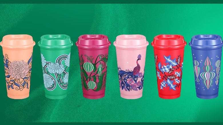 Starbucks cups on a green background