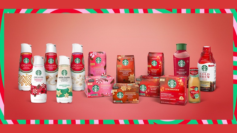 starbucks creamers, coffees, and drinks on a red background