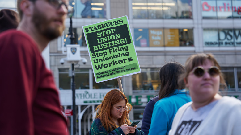 Union signage at Starbucks protest