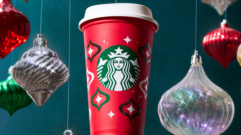 Starbucks reusable cup and ornaments