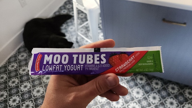 holding up strawberry moo tube package