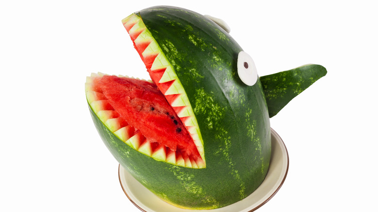 watermelon carved into a shark