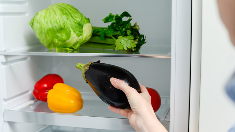 Hand putting an eggplant in the fridge