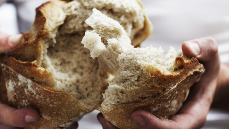 Holding torn crusty bread