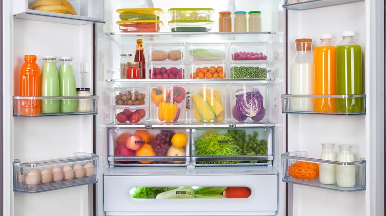 Open refrigerator with different fruits and vegetables