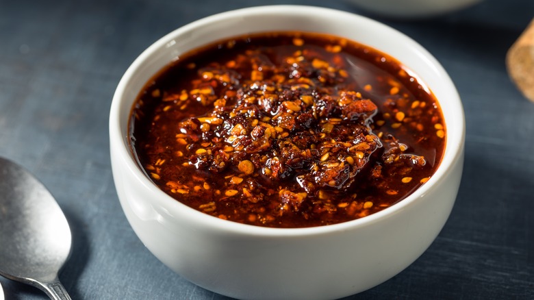 Chili crisp in a white bowl