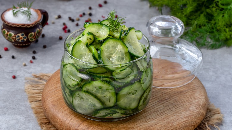 Glass jar of freezer pickles