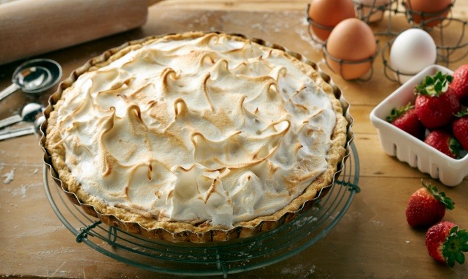 Strawberry Rhubarb Custard Meringue Pie