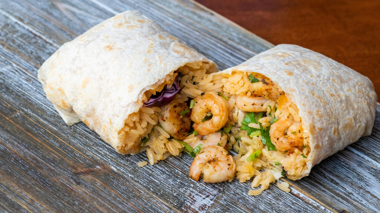 Shrimp burrito cut in half