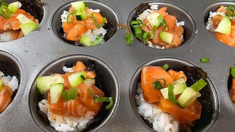 Raw sushi cups in muffin tin 