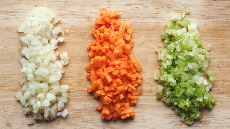 diced mirepoix in groups