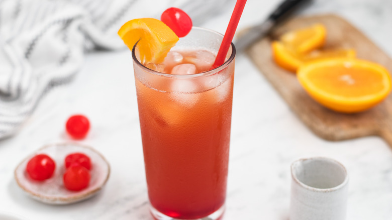 Bahama Mama cocktail with fruit garnishes