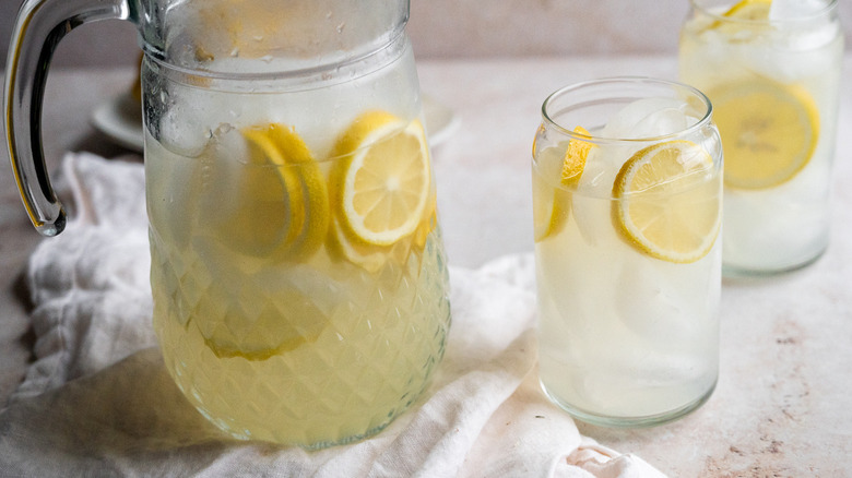 simple and sweet lemonade in a pitcher 