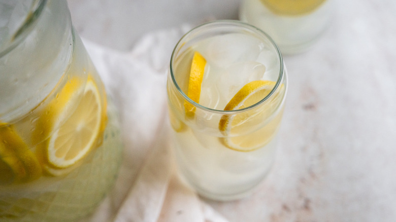 simple and sweet lemonade in a pitcher 