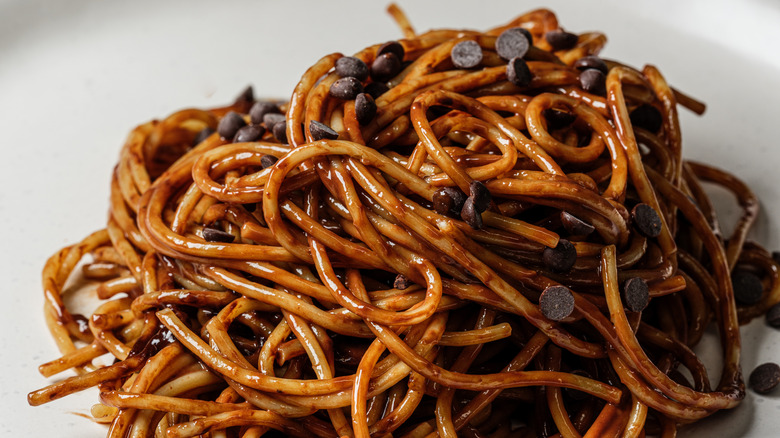 Plate of chocolate spaghetti