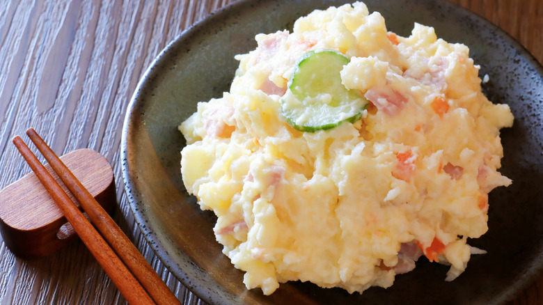 Japanese potato salad with chopsticks